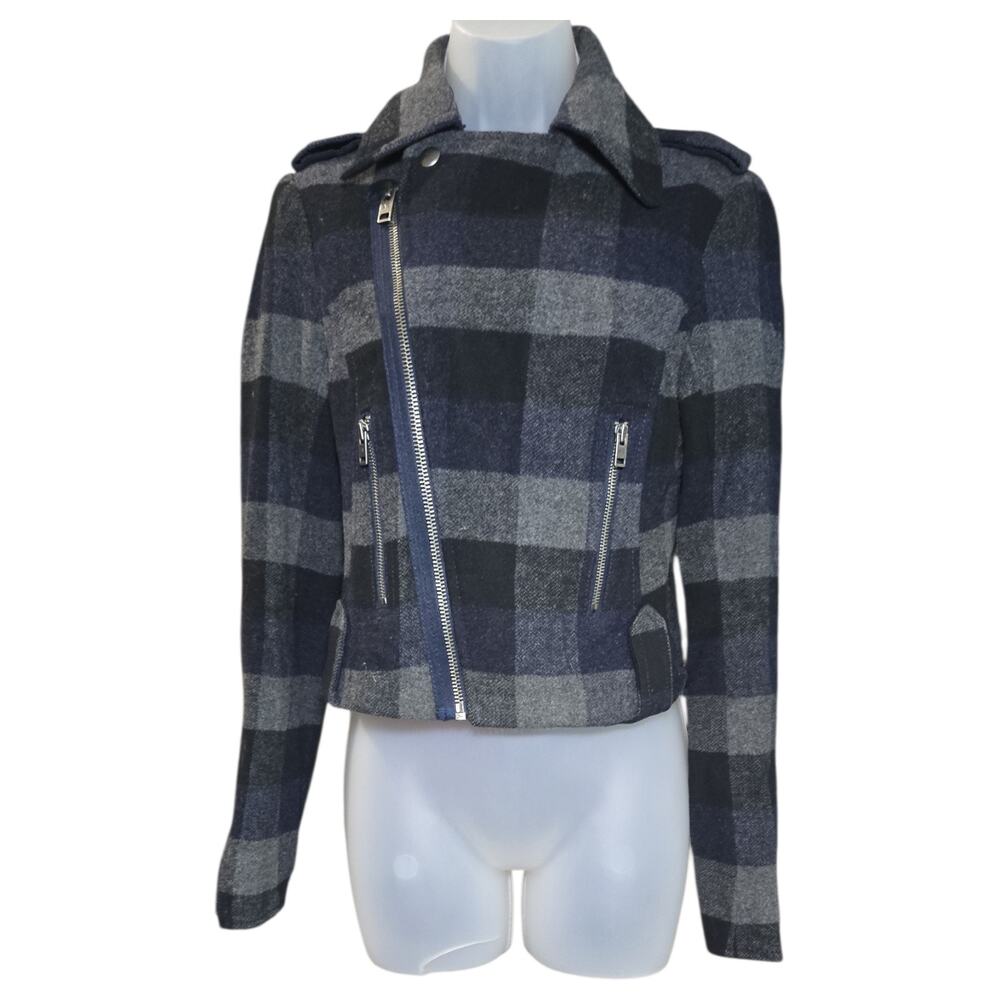 American Eagle Wom XS Blue Black Gray Buffalo Plaid Wool Blend Moto Jacket 2000s